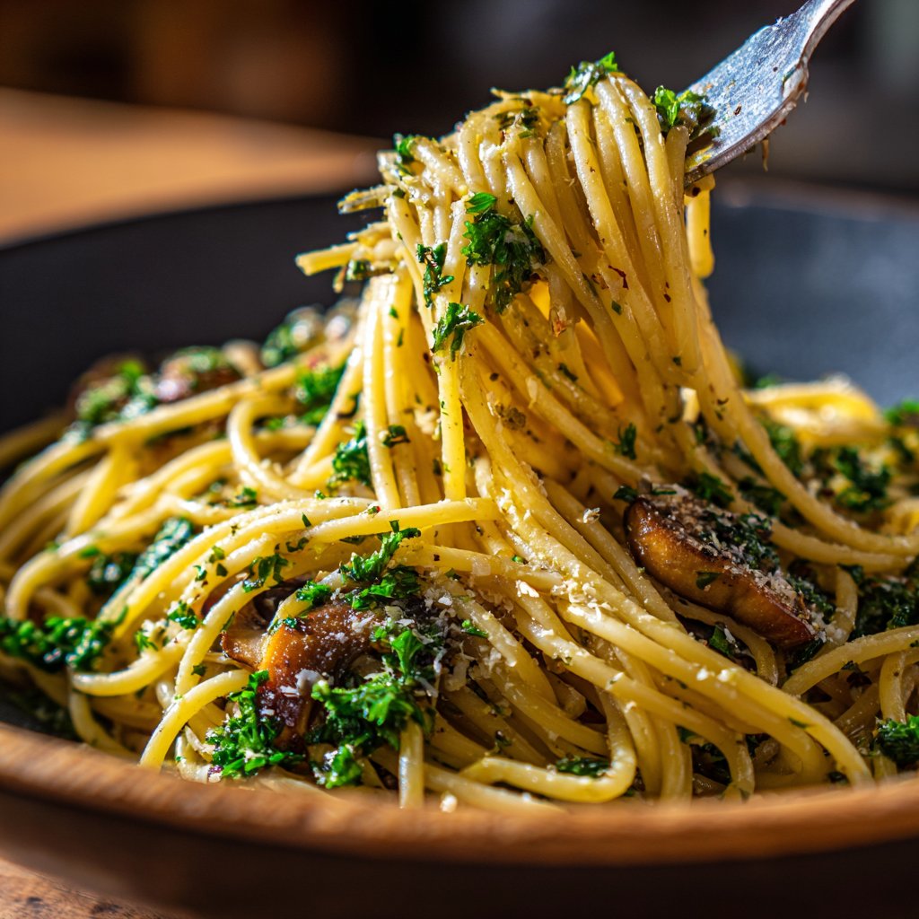 Spaghetti mit Pilzen und Petersilie